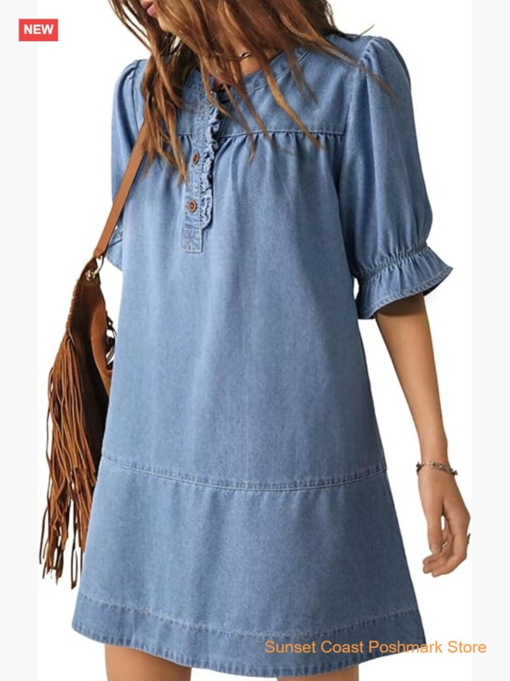 Casual Ruffle Short Sleeve Button Denim Babydoll Dress